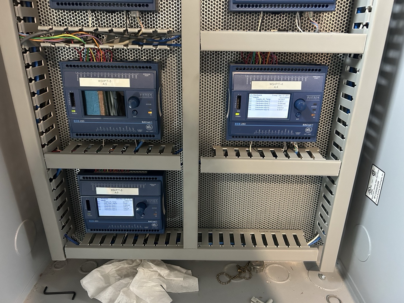 Distech Controls BACnet building-management controllers in a control cabinet